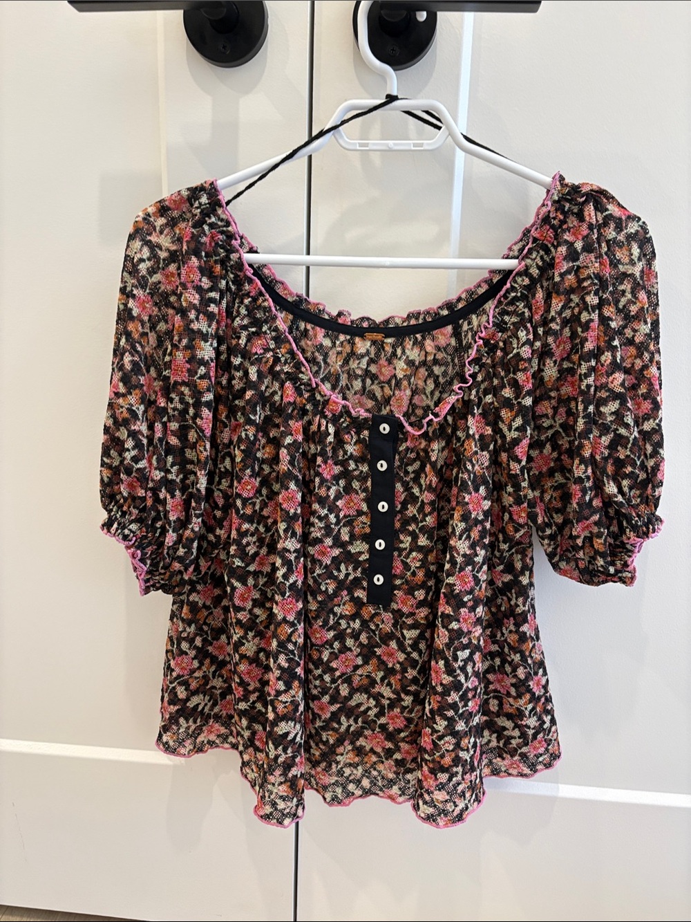 Free People Floral Puff-Sleeve Sheer Blouse in Black and Pink